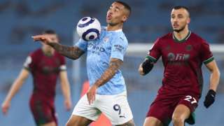 Gabriel Jesus of Manchester City during the Premier League match between Manchester City and Wolverhampton Wanderers at Etihad Stadium on March 2, 2021 in Manchester, United Kingdom.