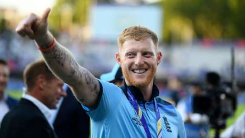 England all-rounder Ben Stokes gives a thumbs up while smiling after winning the 2019 World Cup