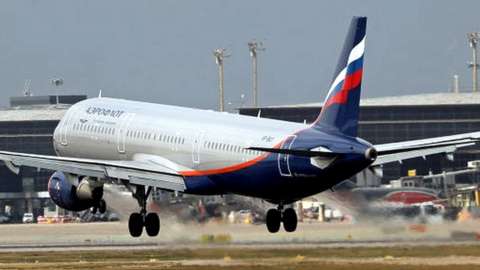 An Aeroflot plane lands in Barcelona