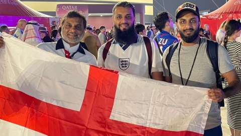 Faizal, his dad and brother - who have travelled to Qatar from Yorkshire in England