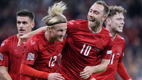 Kasper Dolberg celebrates his goal with Christian Eriksen