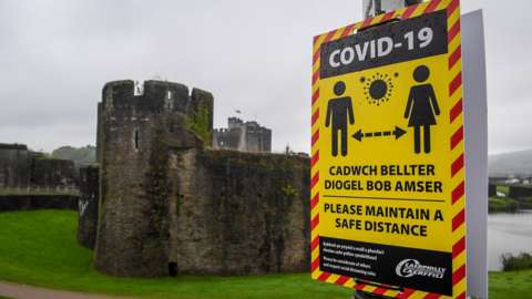Covid-19 signage opposite Caerphilly castle advises on social distancing