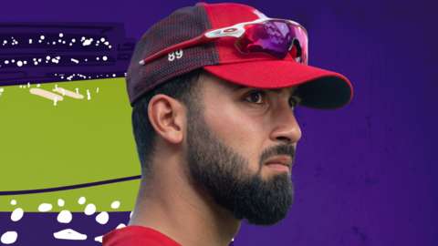 An image of England and Lancashire fast bowler Saqib Mahmood looking on over a graphic of a cricket match