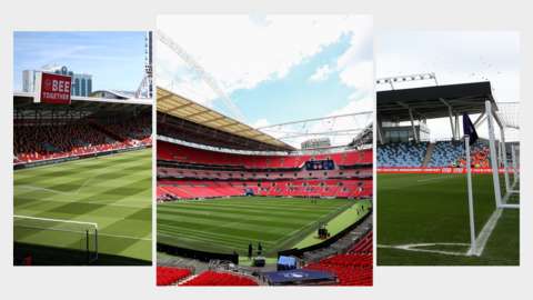 A composite image showing Brentford Community Stadium, Wembley and Man City Academy