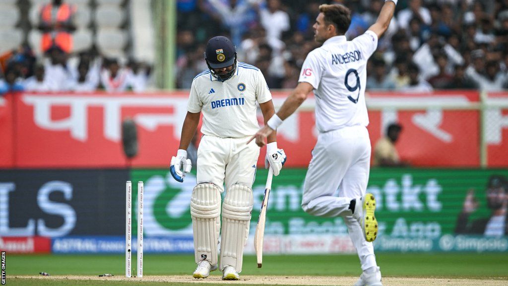 England's James Anderson celebrates taking the wicket of India's Rohit Sharma in the second Test