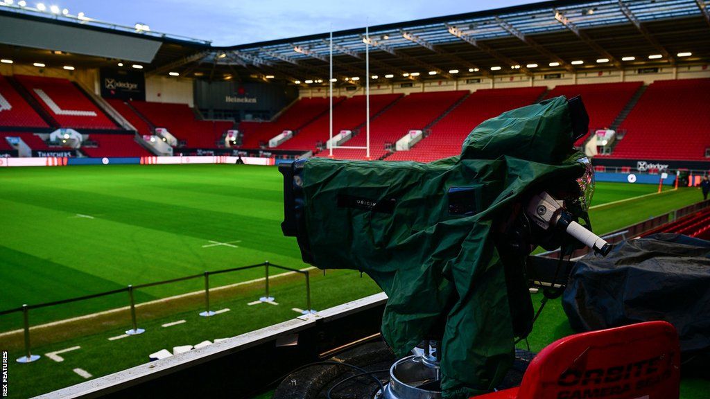 Television camera at Ashton Gate before a Bristol Bears game