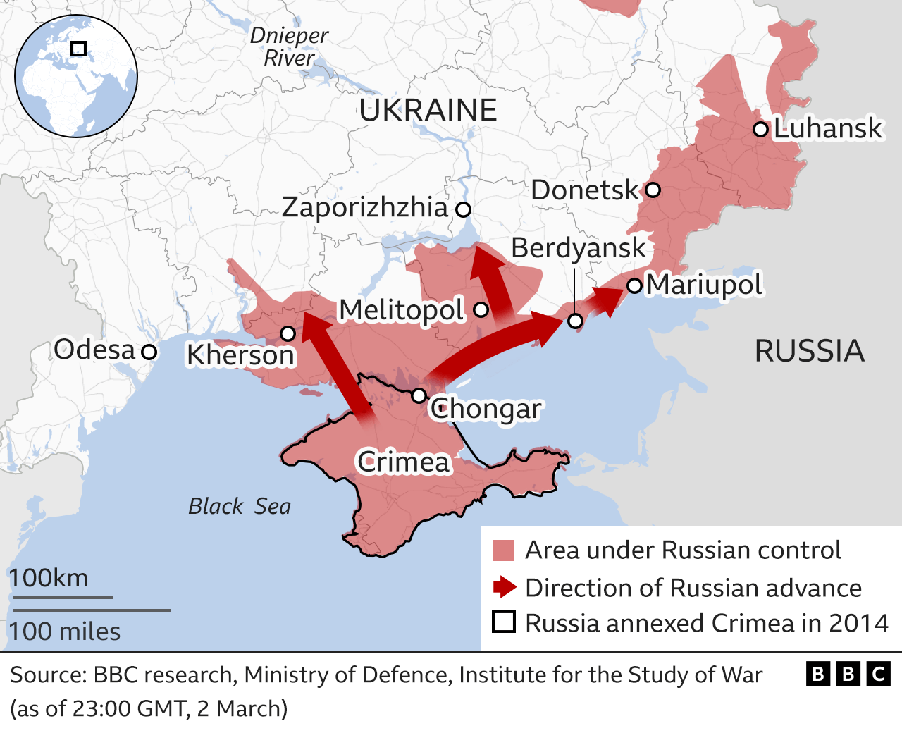 Map showing the Russian military advance into Ukraine from the south