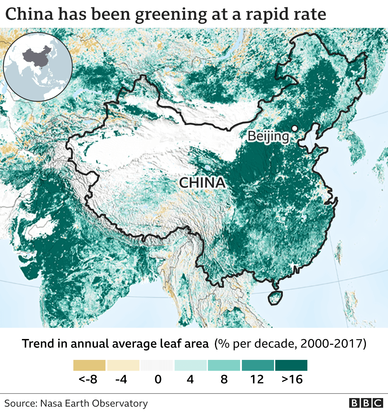 Map showing China greening at a rapid rate.