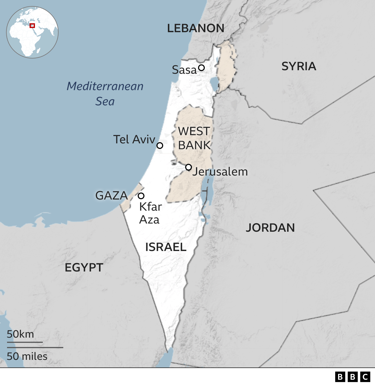 BBC map shows Kfar Aza on Israel's southern border with Gaza and Sasa on the northern border with Lebanon