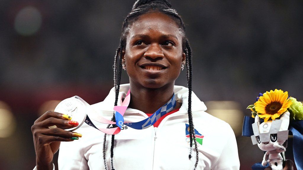 Christine Mboma with her Olympic silver medal which she won in the 200m at the Tokyo 2020 Games
