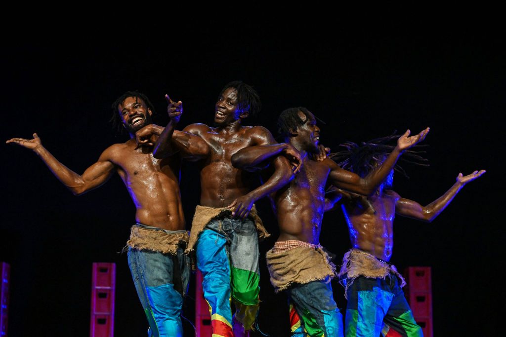 The Danseincolor troupe from Congo Brazzaville performs during the 13th edition of the African Entertainment Arts Market (MASA) at the Palais de la Culture in Abidjan.