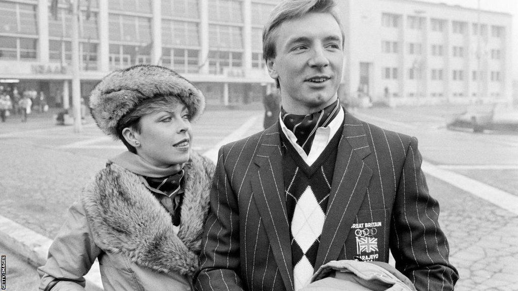 Jayne Torvill and Christopher Dean at the train station in Sarajevo on their arrival at the 1984 Winter Olympics