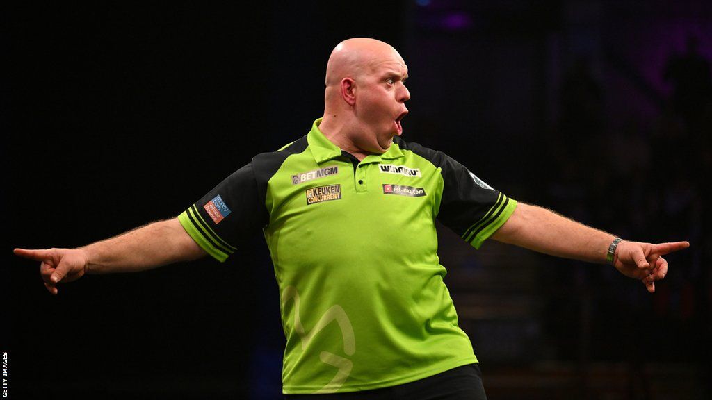 Michael van Gerwen celebrates winning night four of the Premier League of Darts in Newcastle