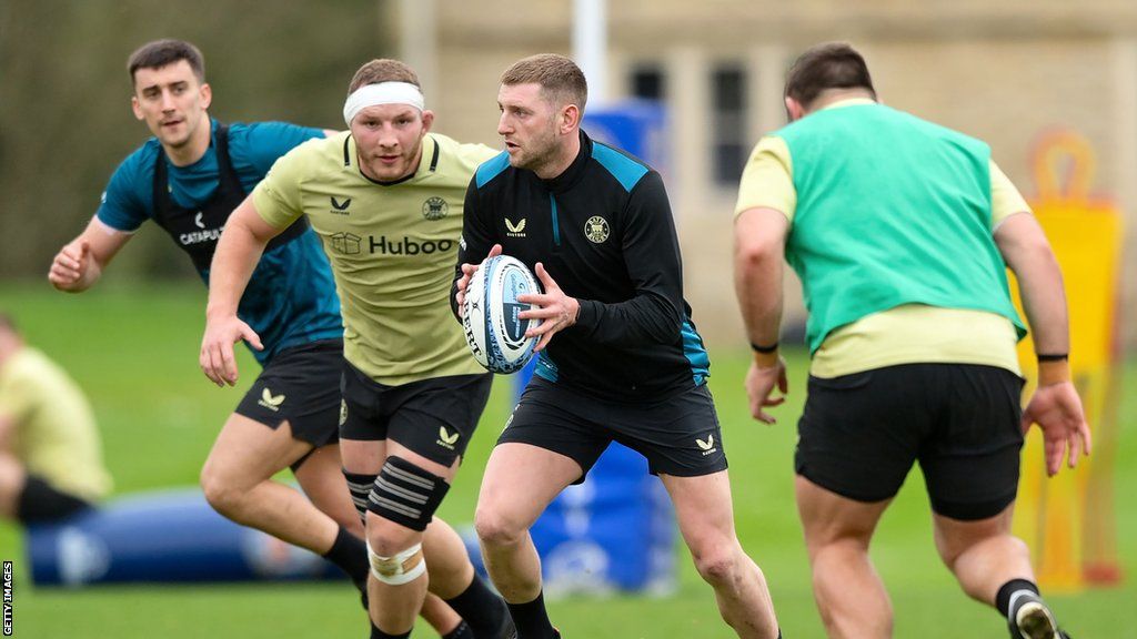 Finn Russell holds the ball during a training session with Bath this week