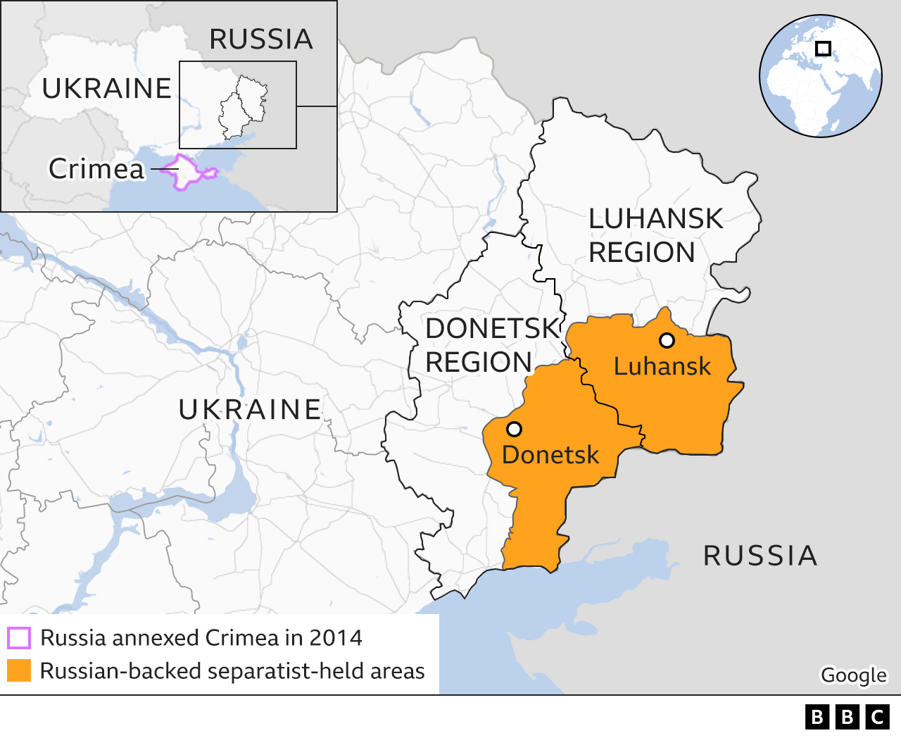 Map of eastern Ukraine. Updated 22 Feb.