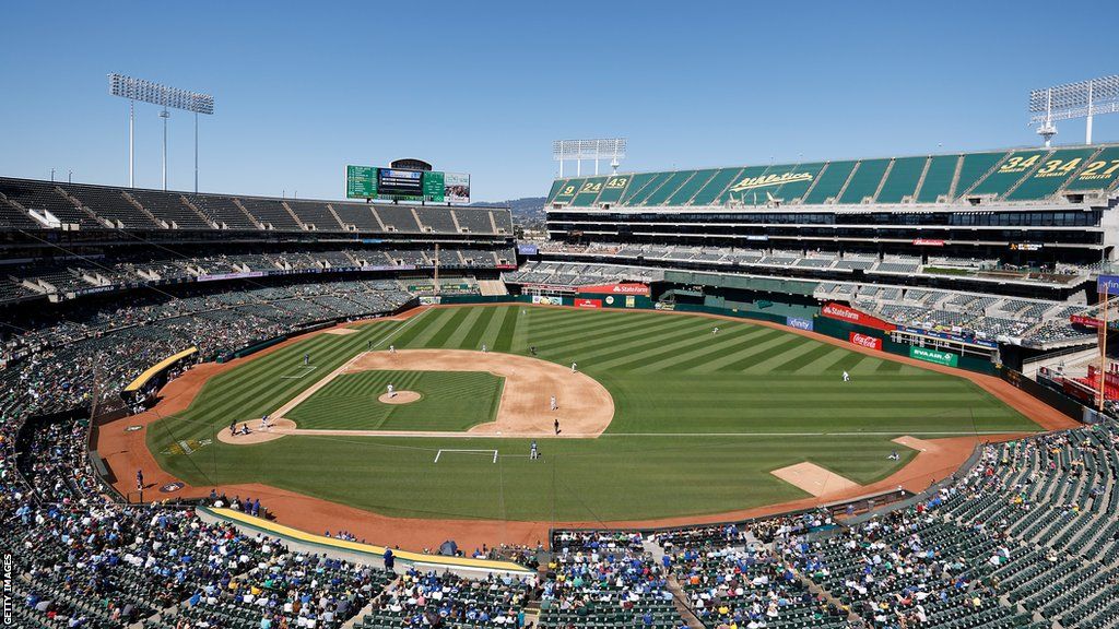A general view of Oakland Coliseum, home of the Oakland Athletics baseball franchise