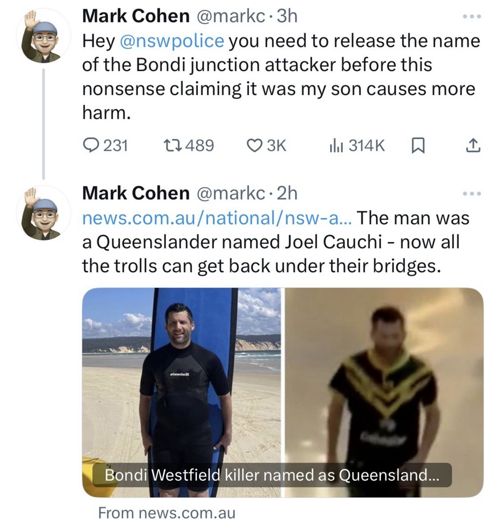 Post on X by Mark Cohen reading: "Hey @nswpolice you need to release the name of the Bondi junction attacker before this nonsense claiming it was my son causes more harm."