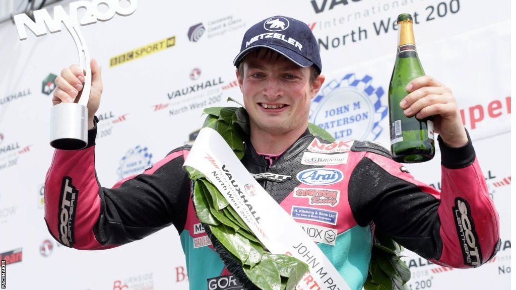 James Cowton on the podium after winning a thrilling 2018 North West 200 Supertwins race