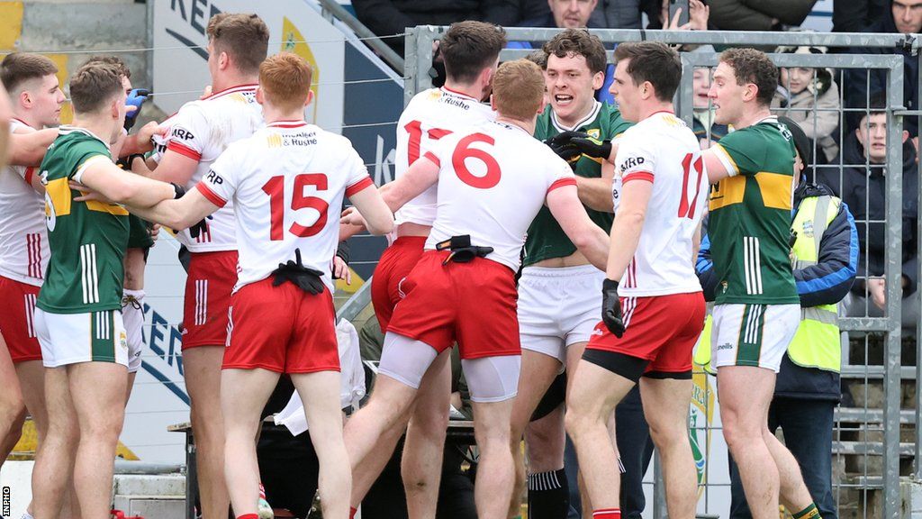 Tempers flare between Kerry and Tyrone players during the first half at Fitzgerald Stadium