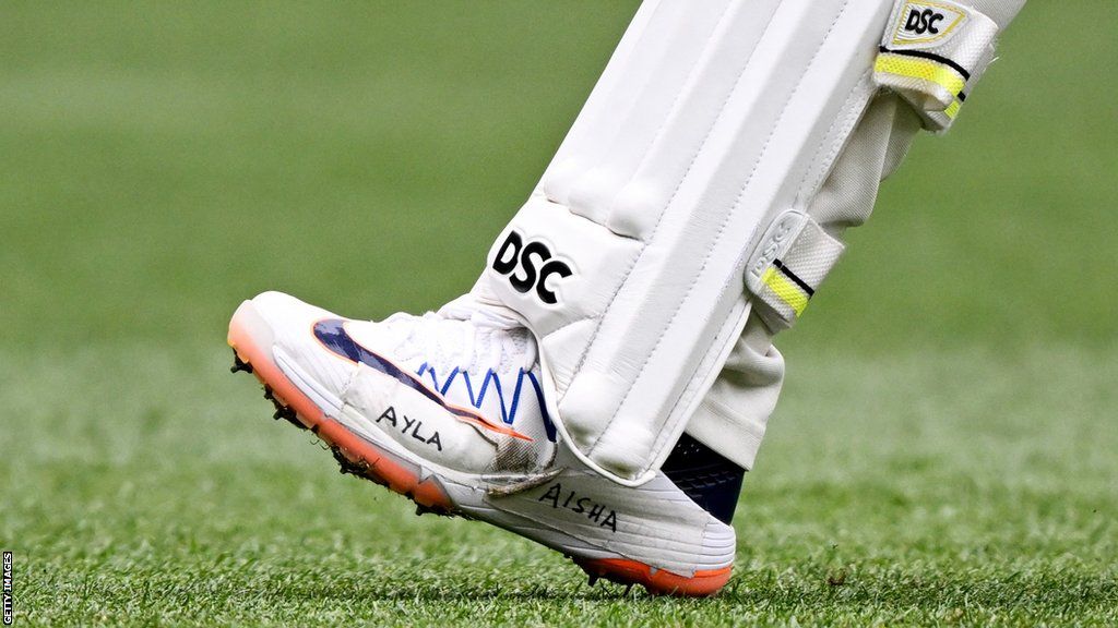 The boot of Australia opener Usman Khawaja, with the names of his daughters Ayla and Aisha written on the side