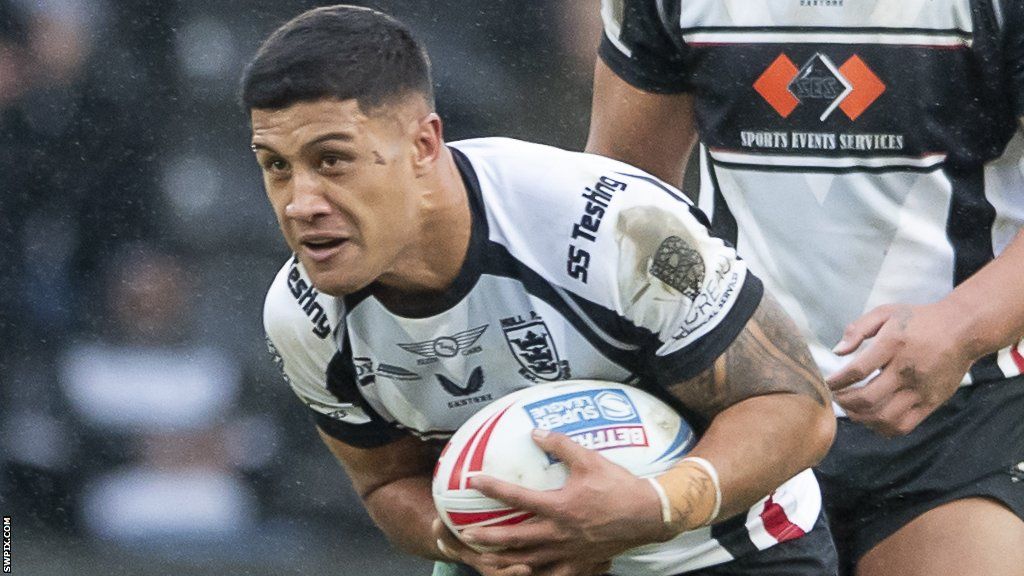 Fa'amanu Brown takes the ball in for Hull FC during a friendly against Wigan