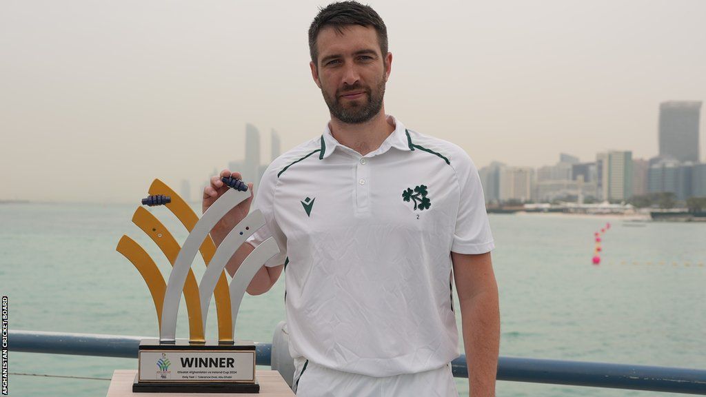 Ireland captain Andrew Balbirnie with the trophy that the side will be battling for in the Test match in Abu Dhabi