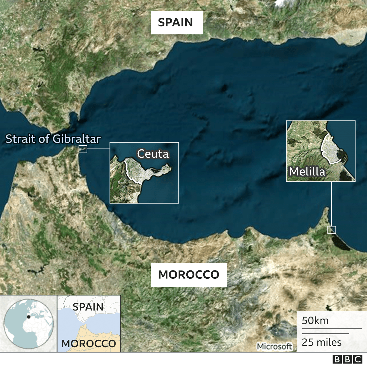 A map showing Melilla and Ceuta