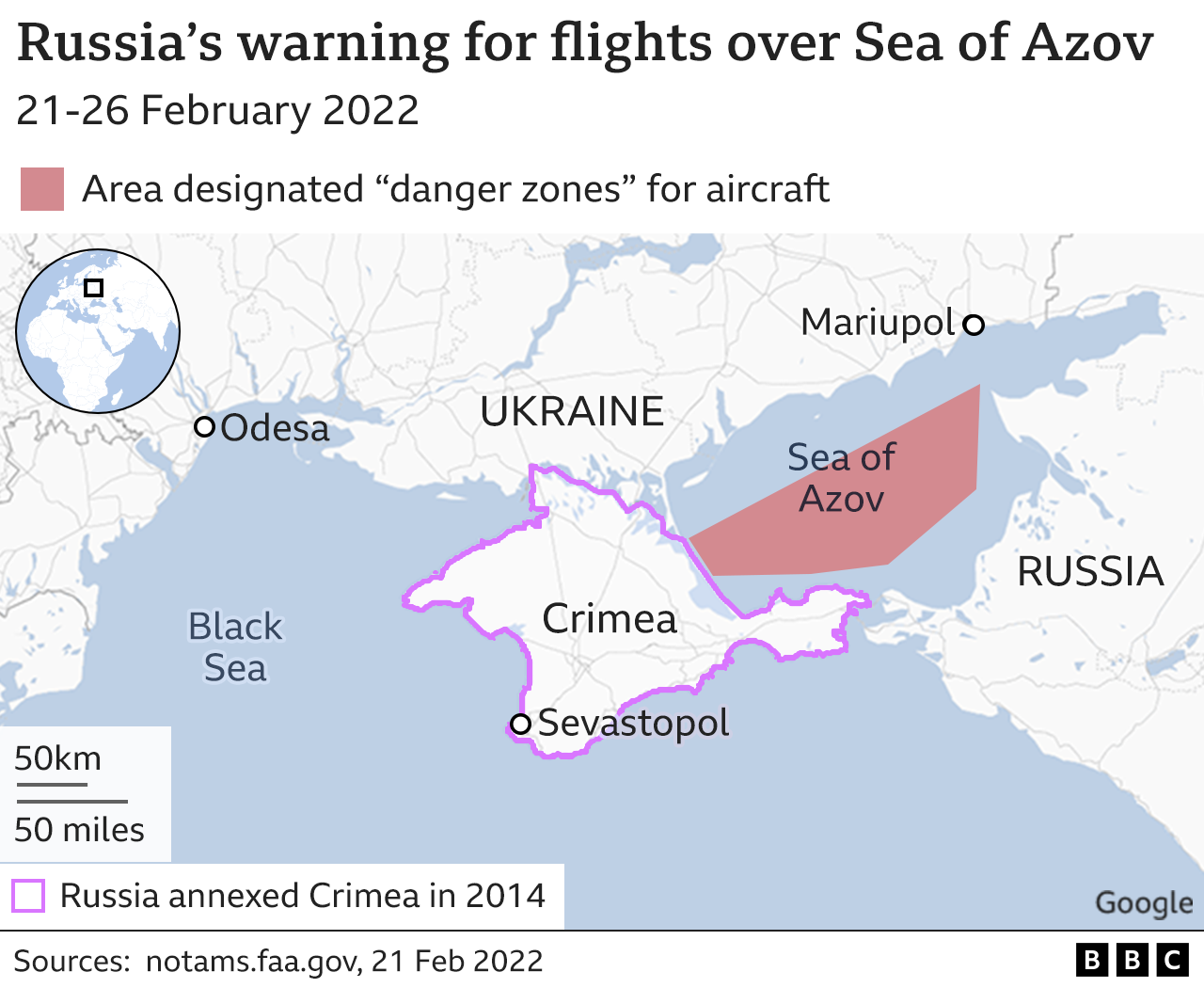 Map showing warnings to Sea of Azov aviation.