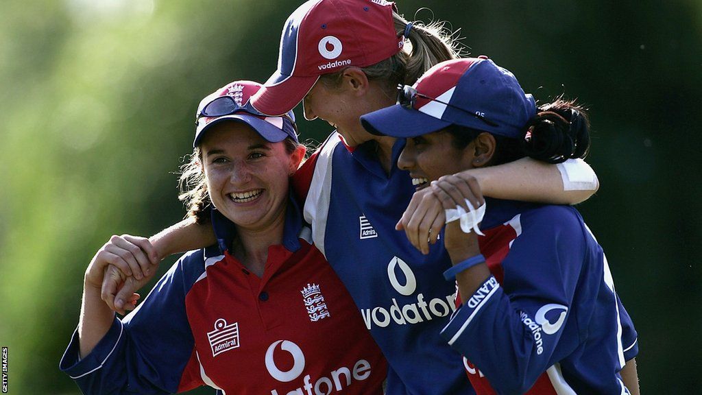 Jo Watts, Jenny Gunn, and Isa Guha celebrate England's two-run win over Australia in the one-day meeting at Stratford-upon-Avon