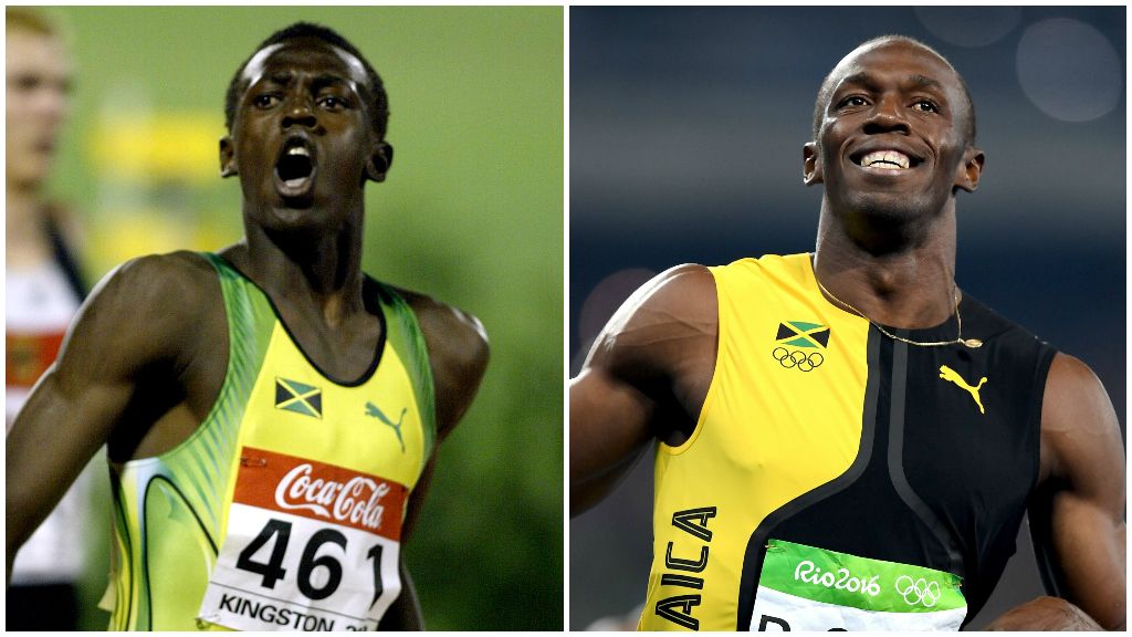 Usain Bolt winning world junior gold in 2002 and Olympic gold in 2016