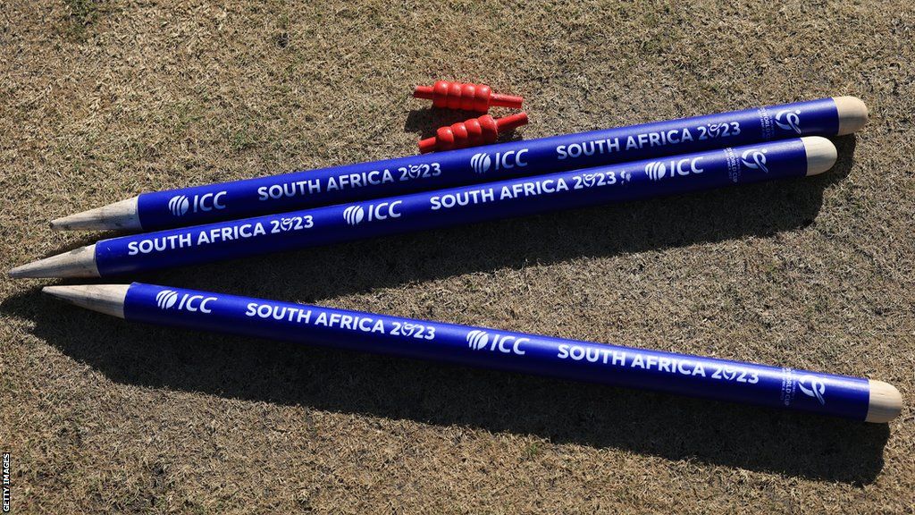 Stumps lie on the pitch at the Women's T20 World Cup