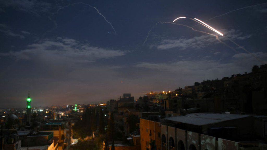 Syrian air defence batteries respond to what the Syrian state media said were Israeli missiles targeting Damascus in January 2019