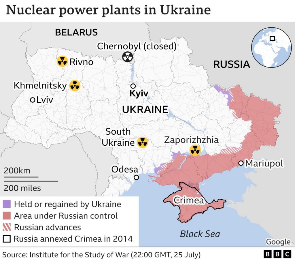 BBC map showing the location of nuclear power plants in Ukraine and areas under Russian control on 25 July