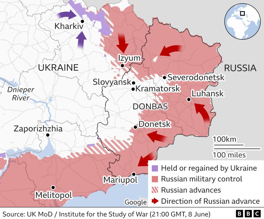 Map showing the areas of control held by Russia in eastern Ukraine