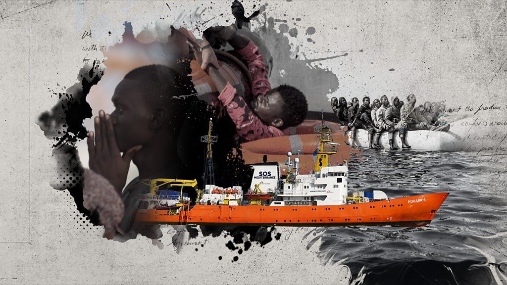 Collage of a migrant rescue ship and migrants being rescued at sea