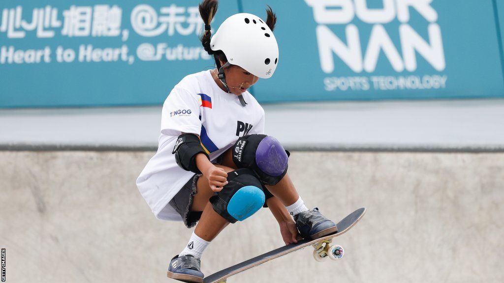 Skateboarder Mazel Alegado, nine, in action in the women's park final at the 2023 Asian Games