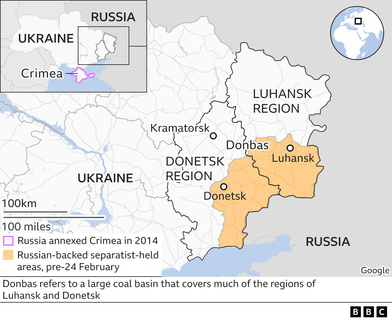 Map shows the eastern Donbas region of Ukraine and the location of the city of Kramatorsk