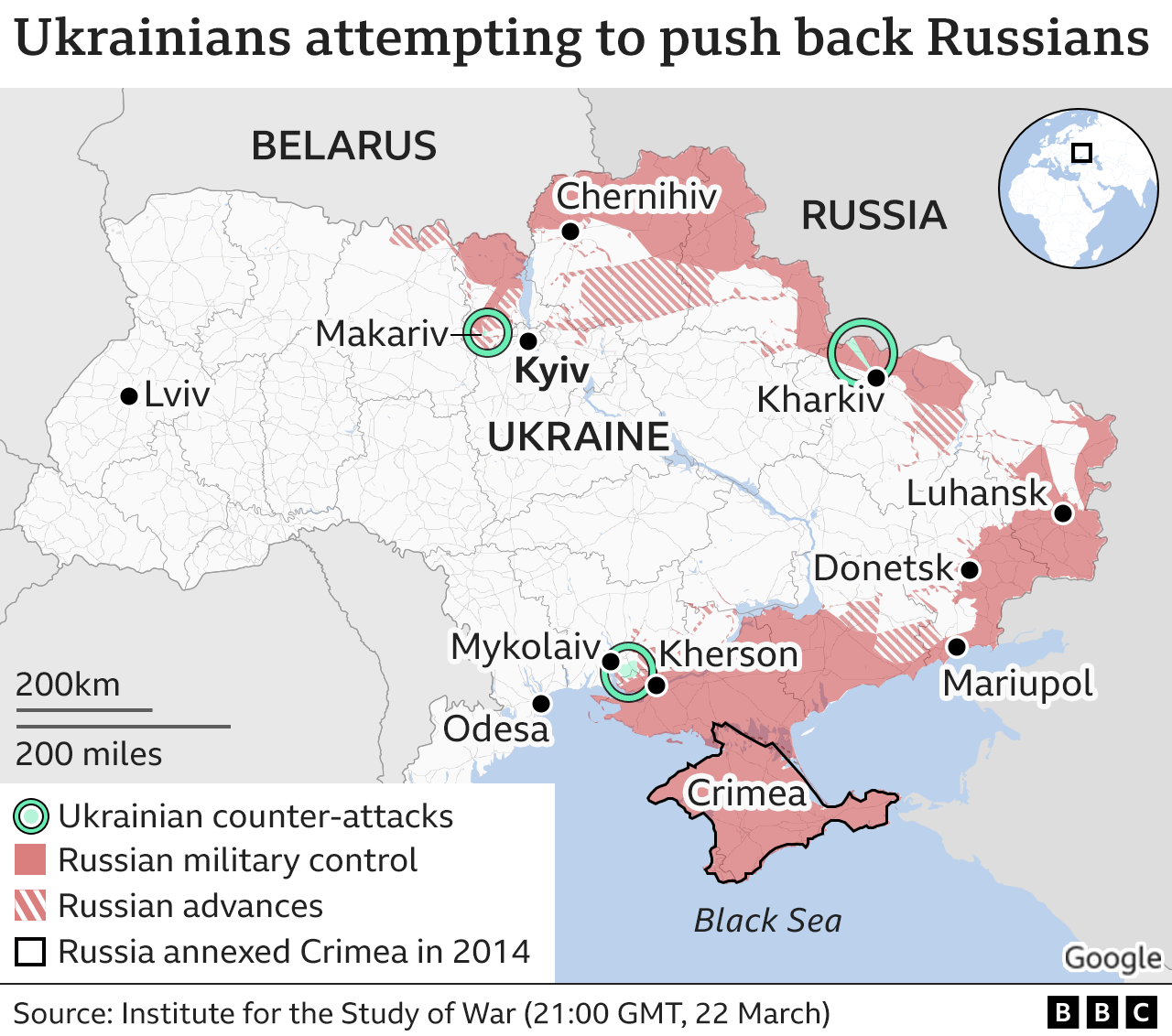 Map showing areas where Ukrainian forces have launched counter-attacks against Russian troops