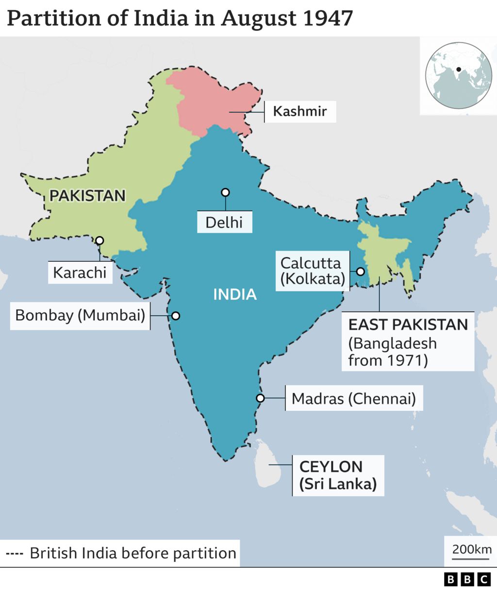 Map of India after partition, showing British India divided into India and Pakistan, with East Pakistan becoming Bangladesh in 1971