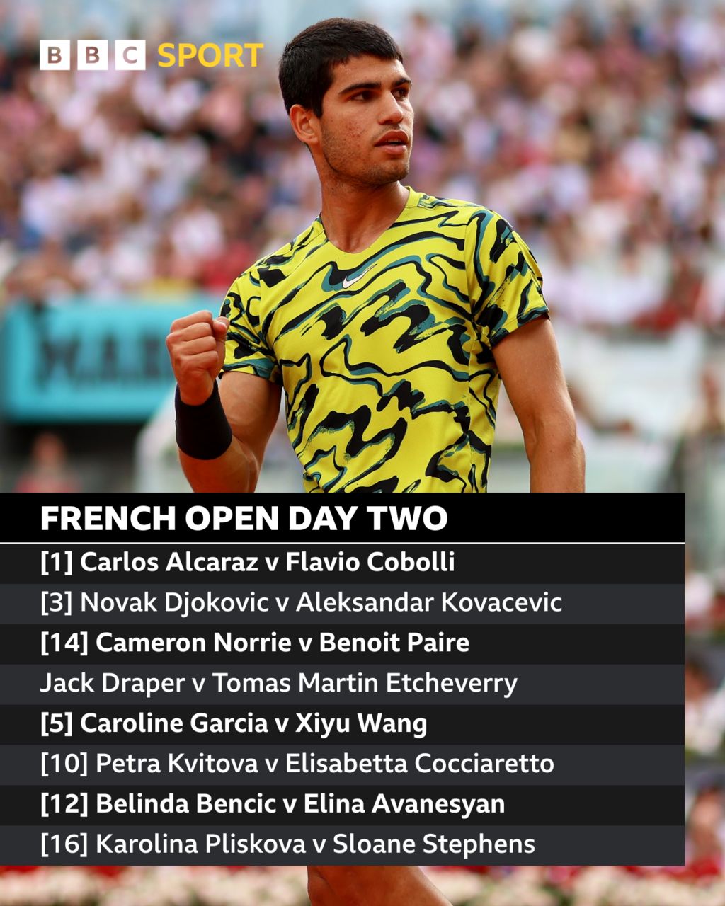 The day two matches at the French Open includes Carlos Alcaraz against Flavio Cobolli