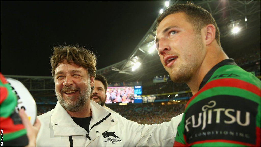 Russell Crowe and Sam Burgess at the 2014 NRL Grand Final