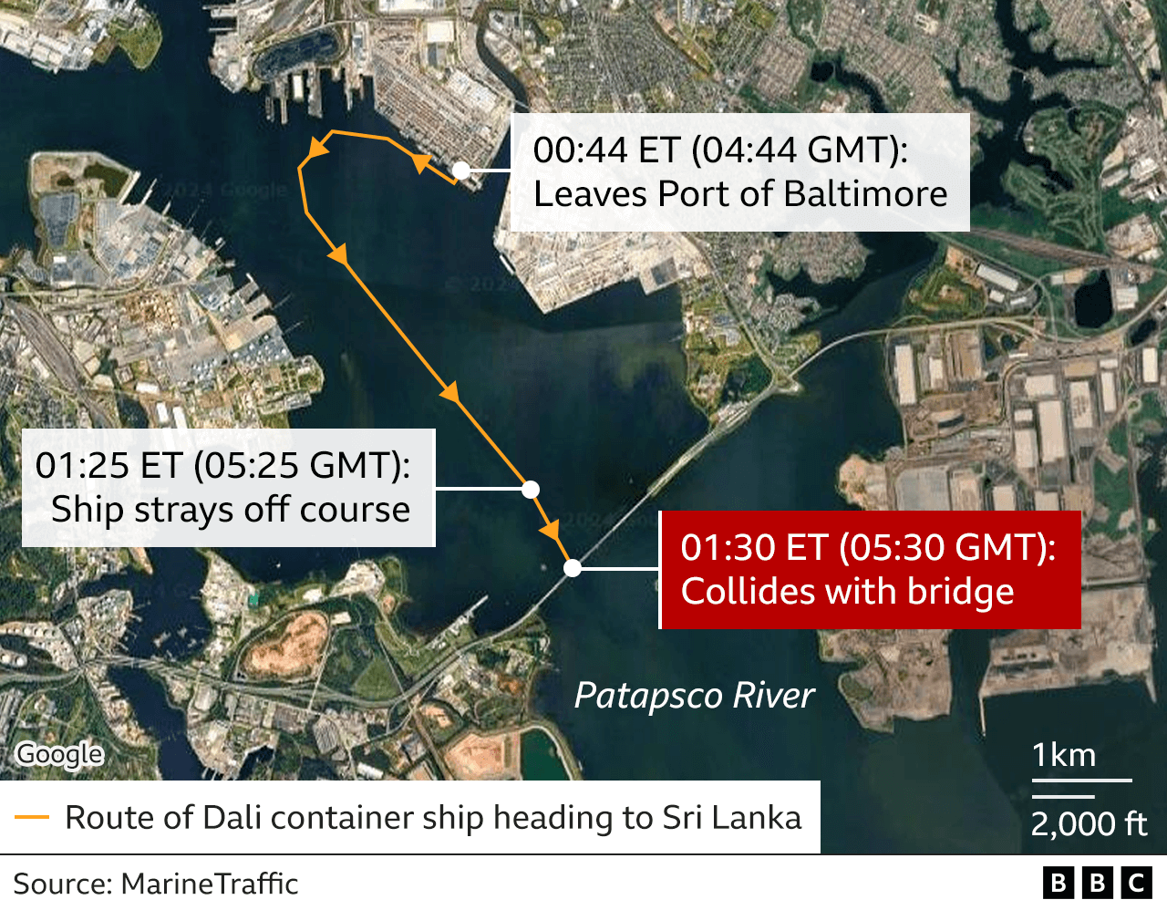 Map showing location of Baltimore bridge collapse and the ship's route