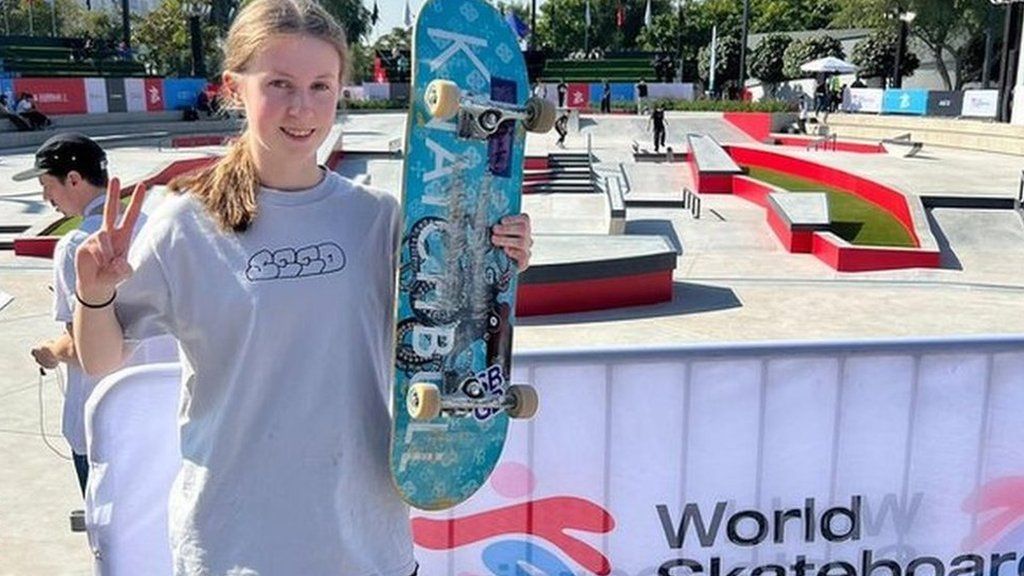 Daisy Buchanan posing for a photo in Dubai while competing at the World Skateboarding Tour