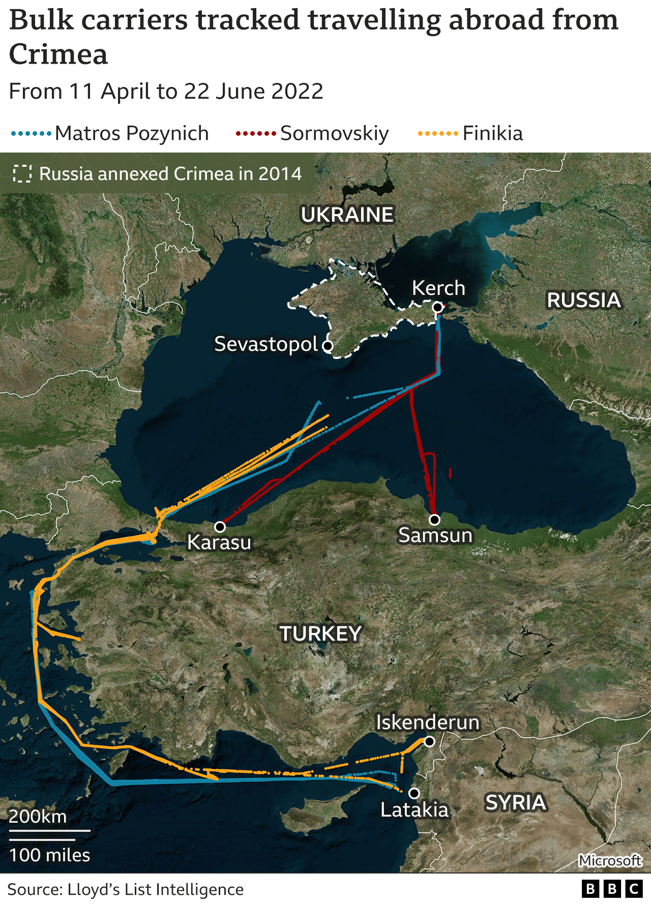 Map of vessels transporting grain tracked travelling abroad from Crimea