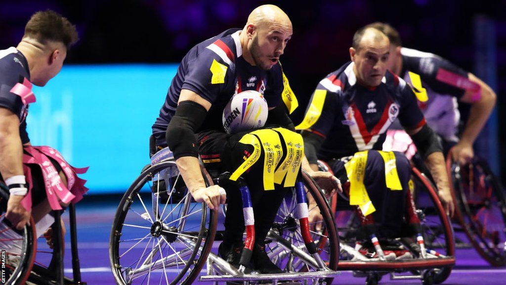 Jeremy Bourson playing for France against England during the Wheelchair Rugby League World Cup final in 2022