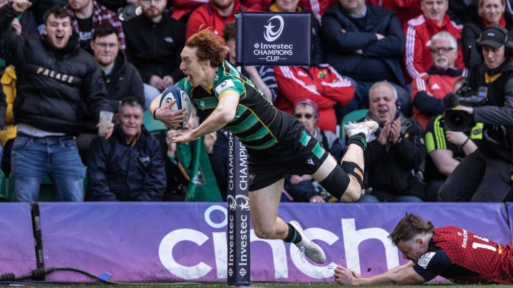Northampton's George Hendy scores against Munster in the Champions Cup