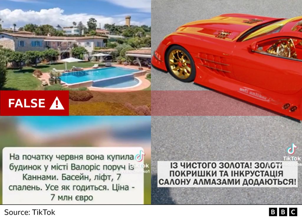 Screenshots of two TikTok videos falsely accusing Mr Reznikov and his daughter of buying a luxury villa and a car