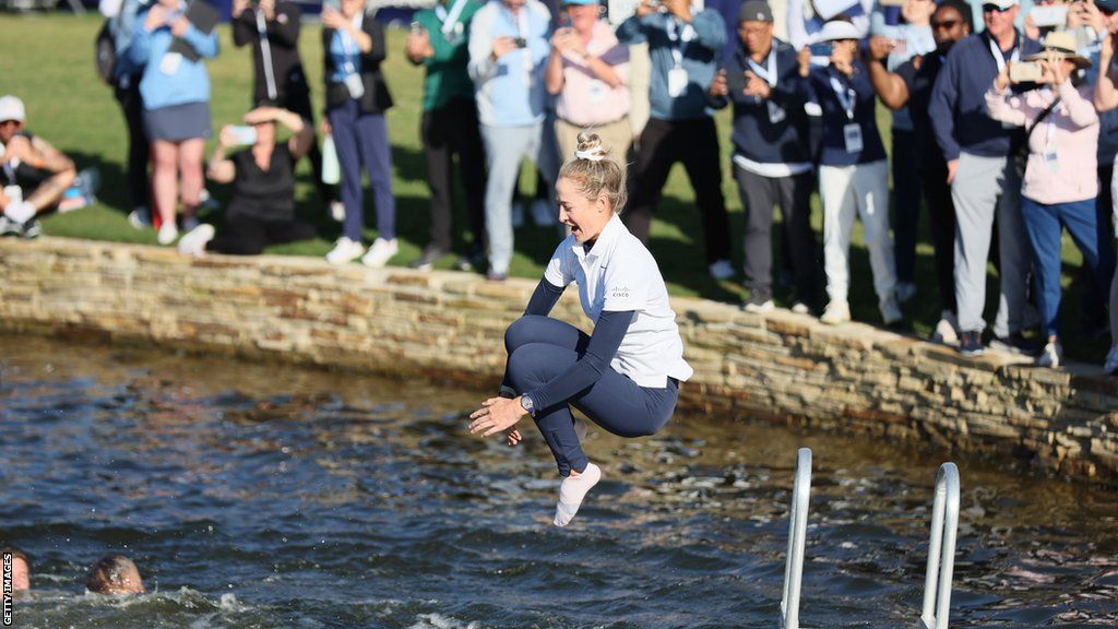 Nelly Korda jumps in water after victory at Chevron Championship