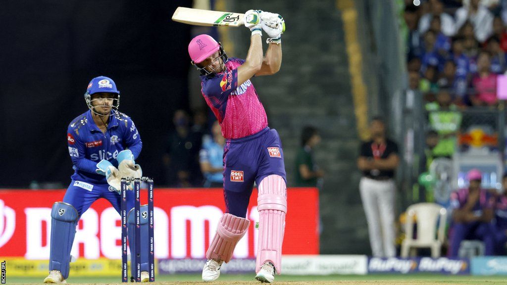 Jos Buttler of Rajasthan Royals play a shot in the 2023 IPL