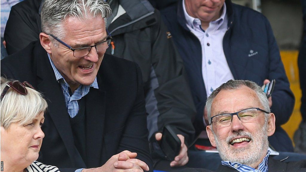 Jarlath Burns shares a joke with Larry McCarthy at an Ulster Championship match last year